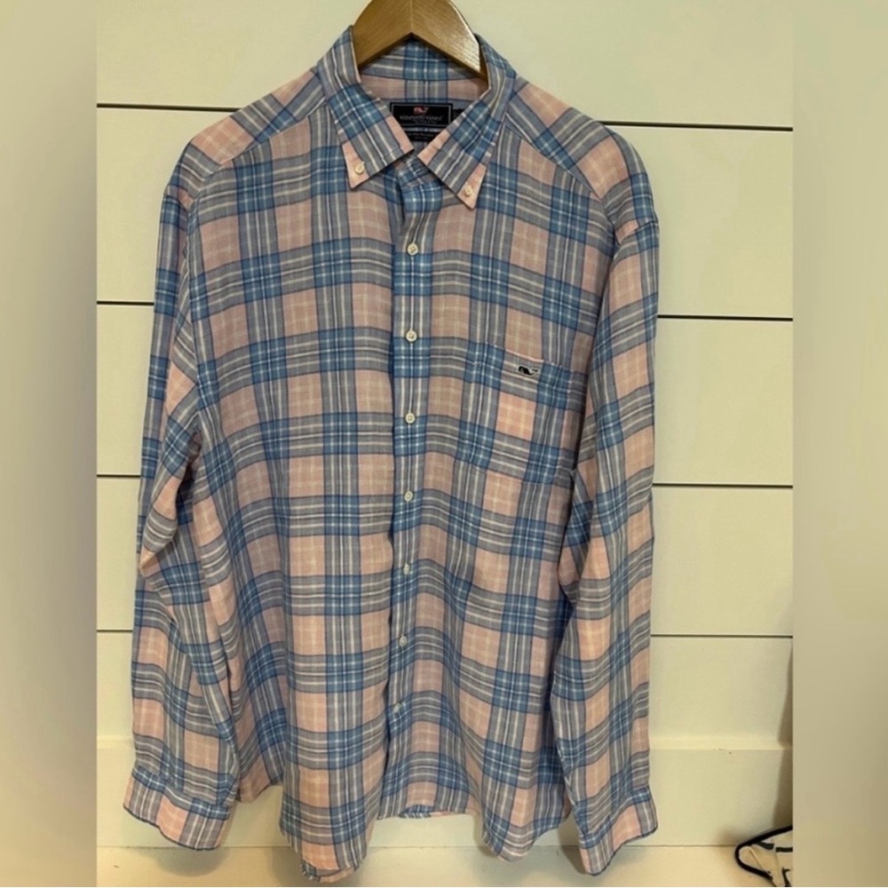 Vineyard Vines Spring Classic Fit Tucker Pink Blue White Plaid Linen Shirt XL